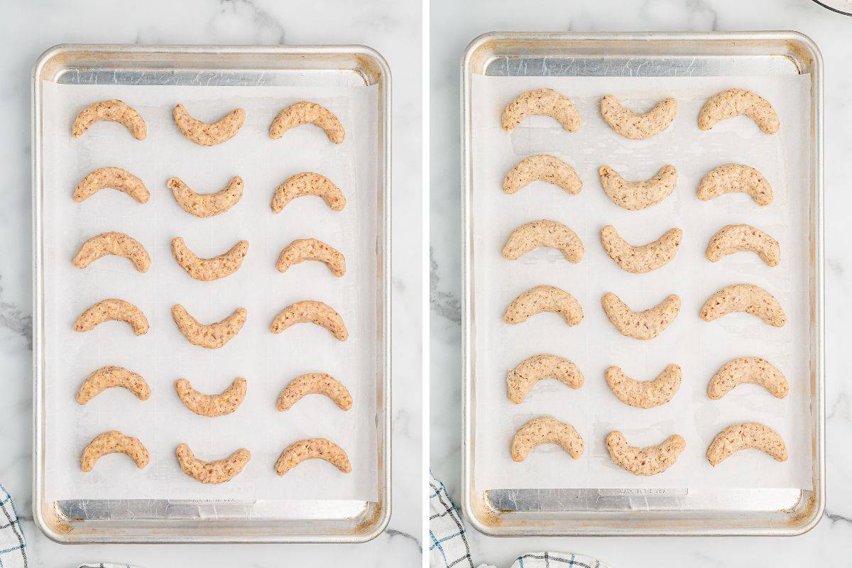 Side-by-side image of two baking sheets lined with parchment paper, each holding rows of crescent-shaped pecan cookies. The left sheet shows unbaked cookies, while the right shows cookies after baking, lightly golden.