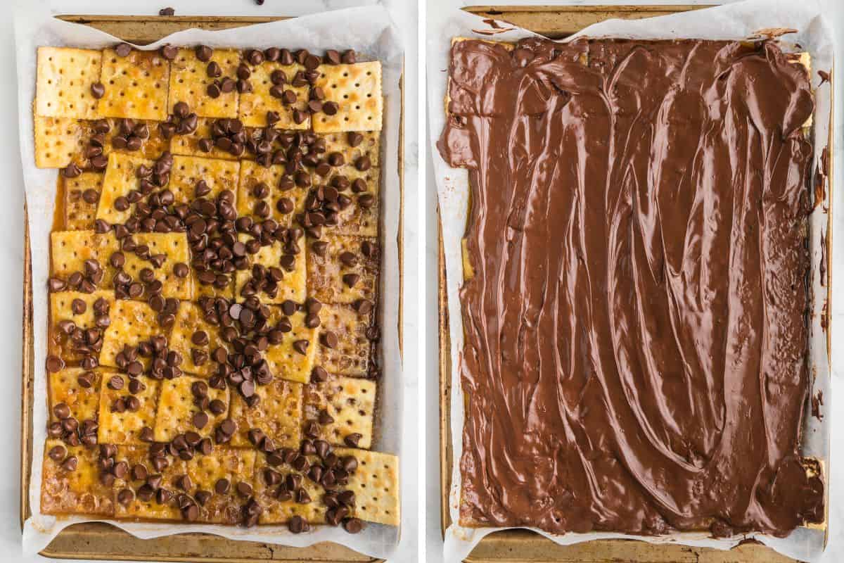 Crackers topped with chocolate chips and then fully coated with melted chocolate.