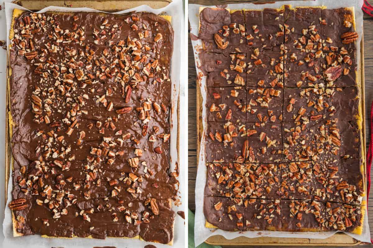 Chocolate-covered saltine toffee topped with chopped pecans, whole and cut into squares.