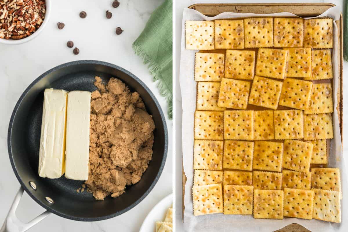 Butter and brown sugar in a saucepan, and crackers topped with the toffee mixture on a lined baking sheet.