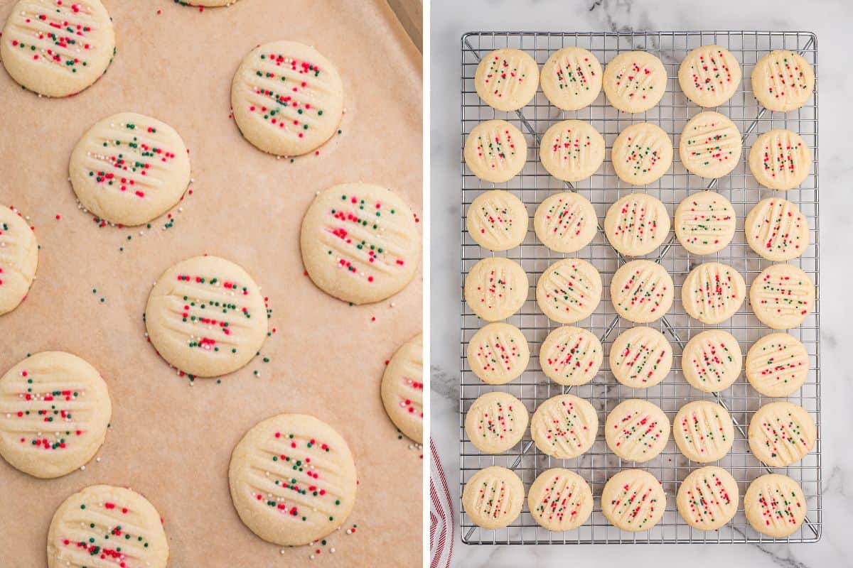 Side-by-side image showing whipped shortbread cookies. The left side shows cookies on a parchment-lined baking sheet after baking, and the right side shows a full cooling rack with evenly spaced cookies.