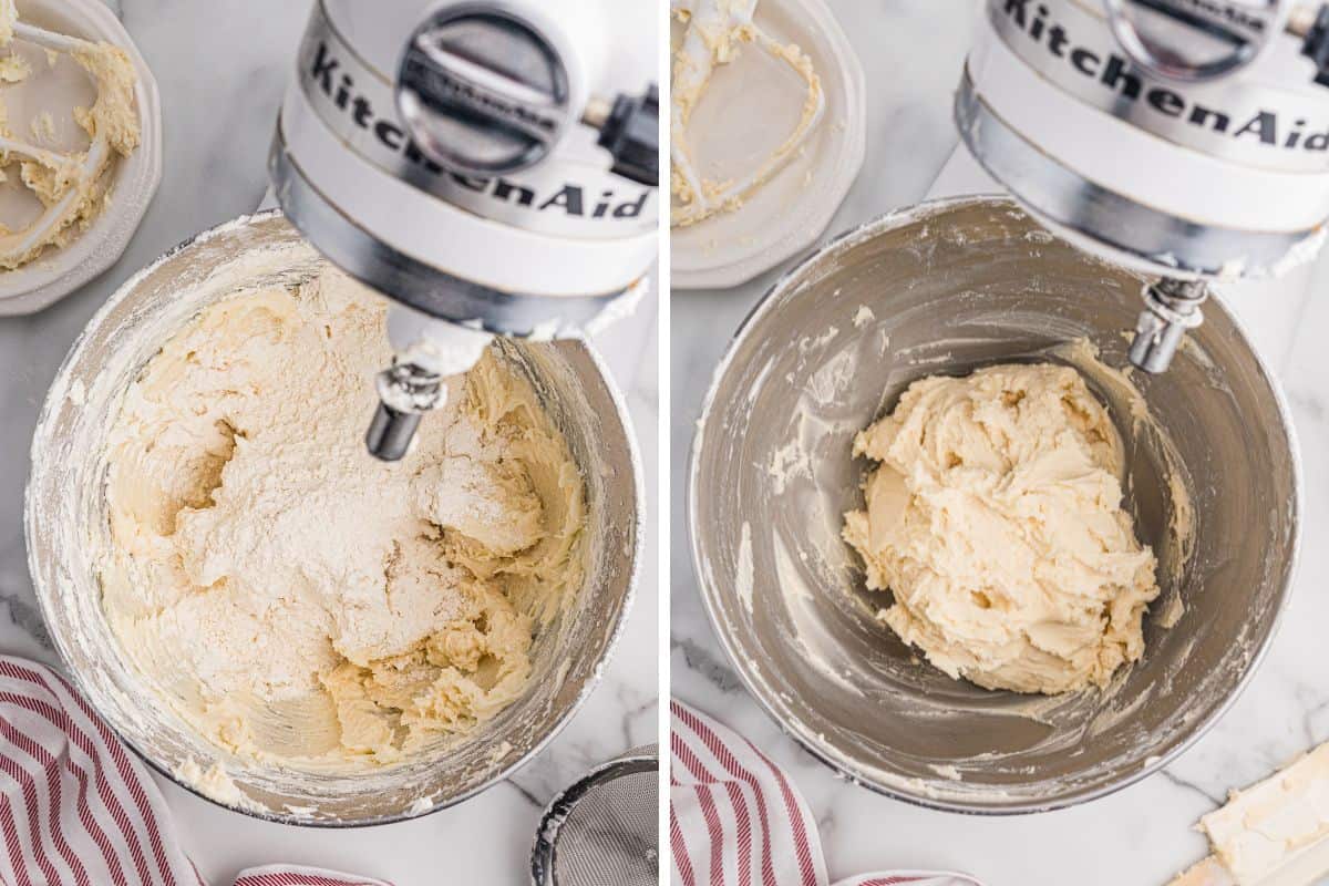 Split image showing flour being mixed into shortbread dough and the finished dough.