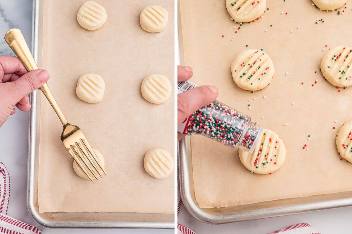 Side-by-side image showing whipped. shortbread cookie dough on parchment lined pan. On the left, a hand uses a gold fork to press lines into balls of shortbread dough. On the right, a hand sprinkles red, green, and white nonpareils onto the shaped cookies before baking.