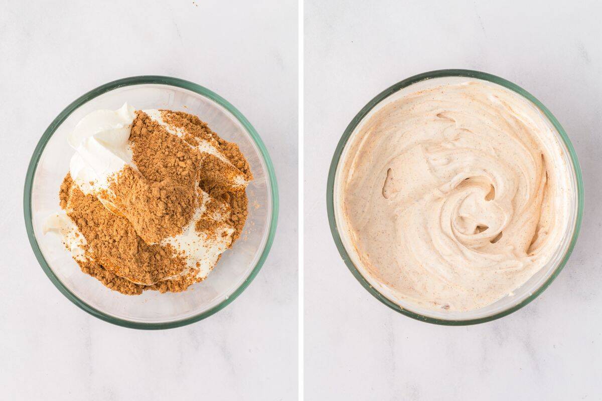 Bowl of sour cream and taco seasoning before and after mixing.