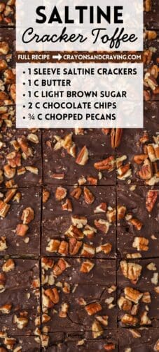 Cut squares of pecan-topped toffee. Text lists ingredients for saltine cracker toffee.