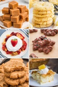Collage of six desserts: peanut butter fudge, lemon cookies, strawberry dump cake with whipped cream, chocolate peanut clusters with sprinkles, peanut butter cookies, and a slice of pineapple cake topped with whipped cream.