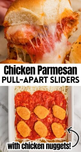 Chicken Parm Sliders with chicken nuggets pin showing pull-apart chicken parmesan sliders with melty cheese.