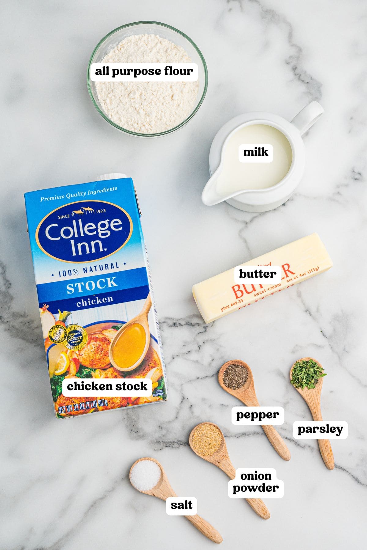 Labeled ingredients for homemade condensed cream of chicken soup, including flour, milk, chicken stock, butter, and spices.