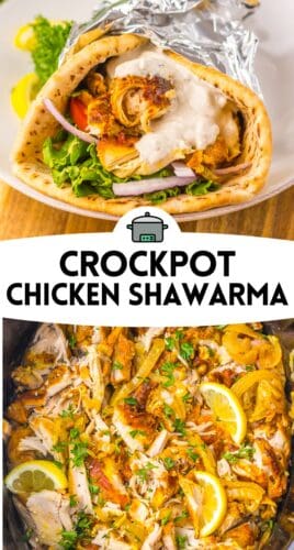 Chicken shawarma wrap and shredded shawarma in a crockpot. Text reads "Crockpot Chicken Shawarma."