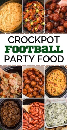 Collage pin with 12 crockpot recipes including pulled pork, meatballs, dip, and little smokies. Text reads &ldquo;Crockpot Football Party Food.&rdquo;