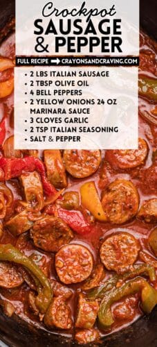 Sausage and peppers in sauce inside a slow cooker. A text overlay lists the full recipe ingredients. Header reads “Crockpot Sausage & Pepper.”