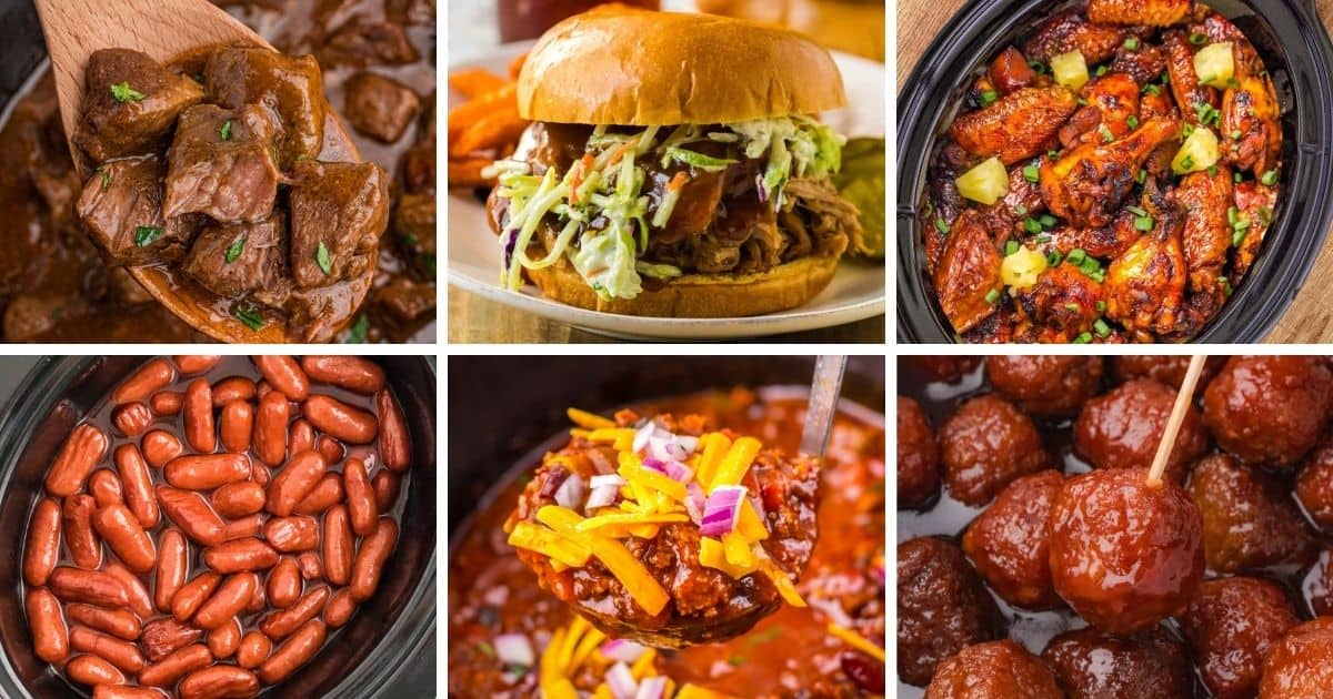 Collage pin with various crockpot recipes for game day including meatballs, chili, beans, wings, beef stew, and a pulled pork sandwich.