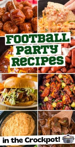 Collage pin with eight game day crockpot recipes and bold title &ldquo;Football Party Recipes in the Crockpot.&rdquo;