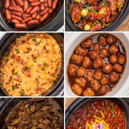 Collage pin with six game day crockpot recipes including sausages, wings, dip, meatballs, steak tips, and chili.