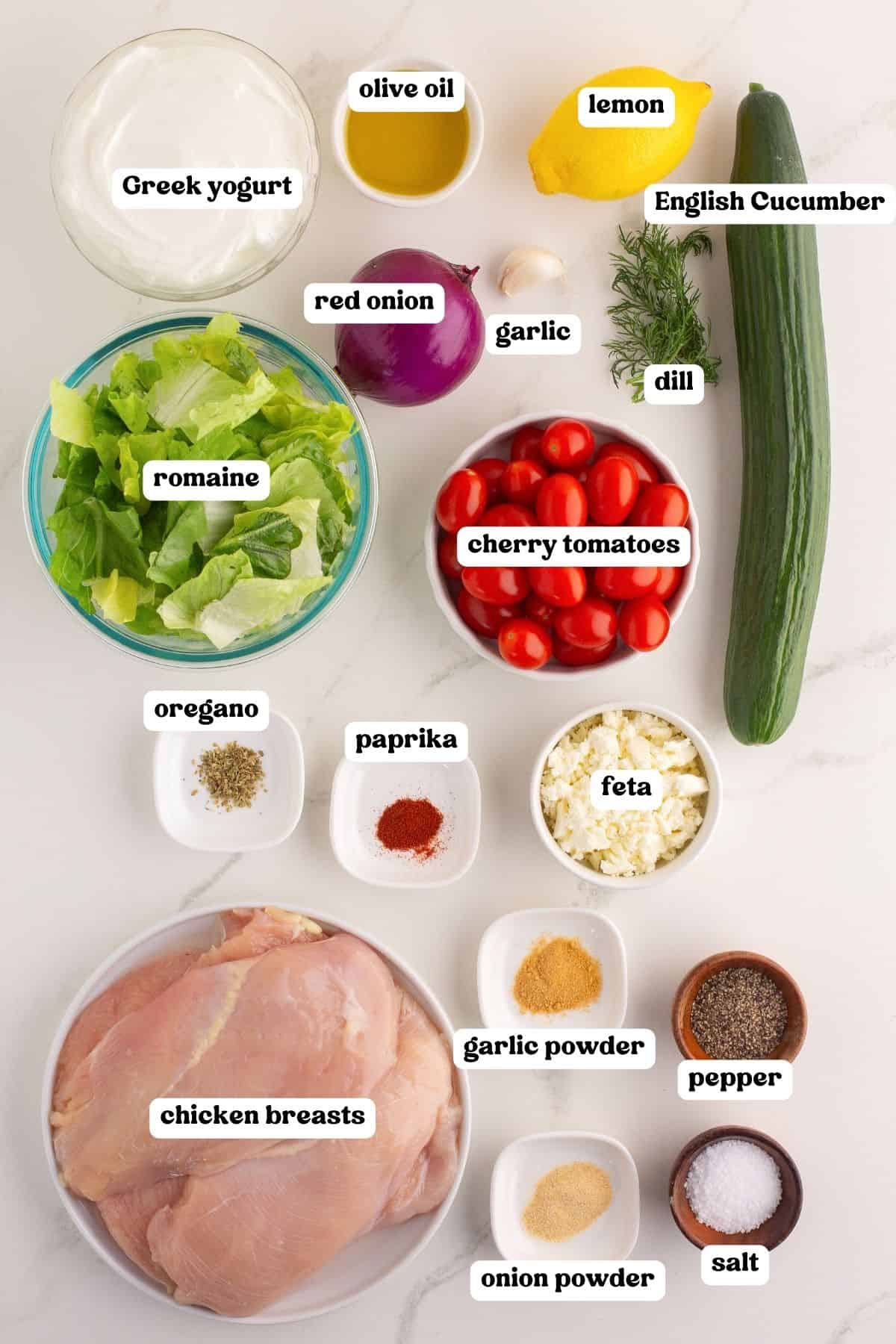 Image showing all ingredients for Greek chicken gyro bowls, each labeled with white text. Ingredients include Greek yogurt, olive oil, lemon, English cucumber, red onion, garlic, dill, cherry tomatoes, romaine, oregano, paprika, feta, chicken breasts, garlic powder, onion powder, pepper, and salt. 