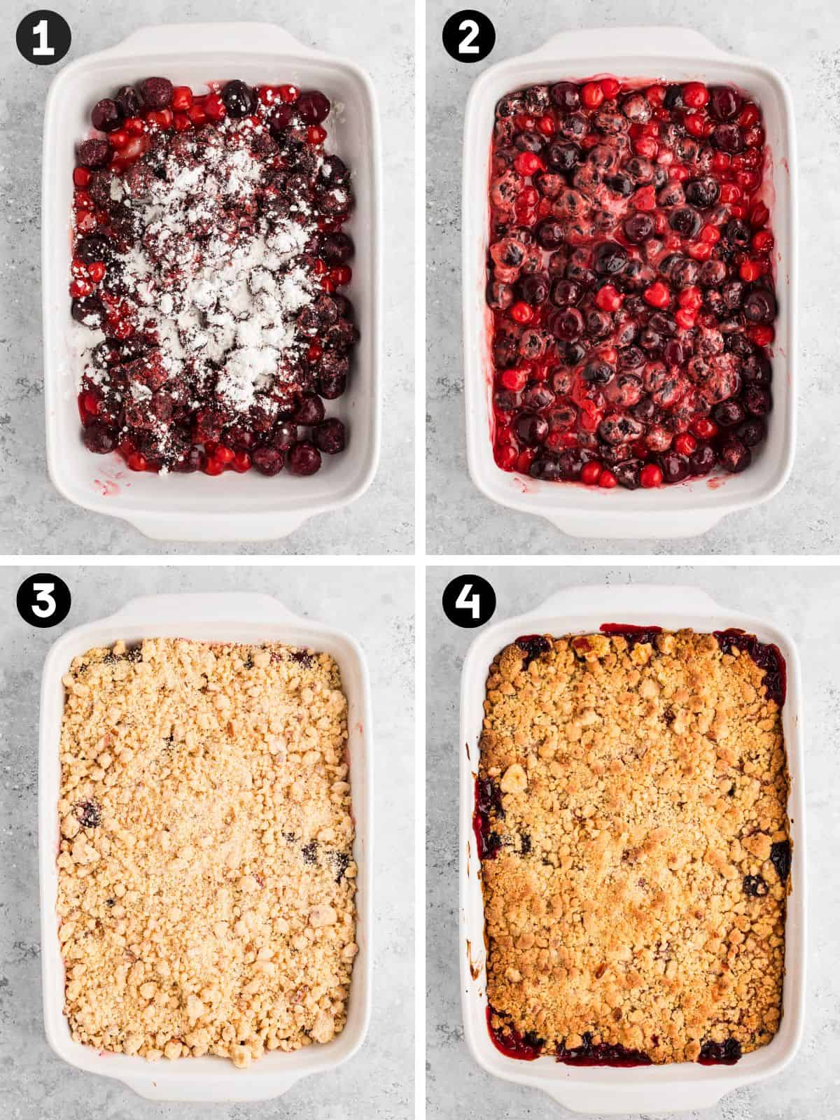 Collage with four numbered images in a white baking dish: (1) cherry filling topped with cornstarch, (2) mixed cherry filling, (3) topped with crumbly mixture, (4) fully baked cherry cobbler with golden crust and bubbling edges.