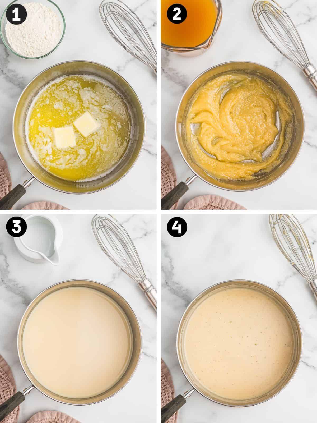 Collage pin with four numbered images showing steps to make cream of chicken. Step 1 shows butter melting in a saucepan. Step 2 shows flour mixed in to form a roux. Step 3 shows milk added to the mixture. Step 4 shows a smooth, creamy sauce. A whisk is visible in the background of each image.