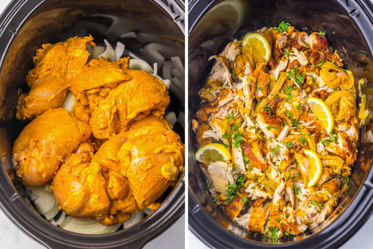 Side-by-side photos of a slow cooker. The left side shows raw, marinated chicken thighs layered over sliced onions. The right side shows the fully cooked, shredded shawarma garnished with chopped parsley and lemon slices.