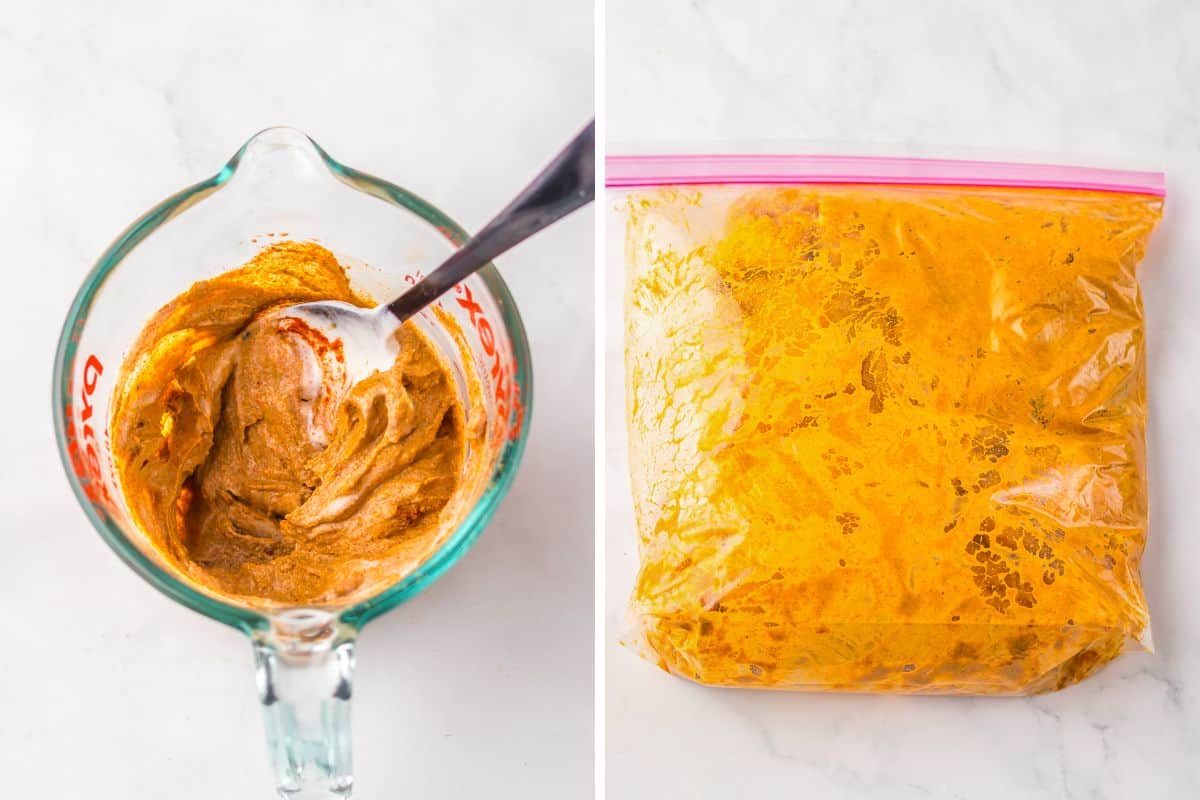 Shawarma marinade mixed in a glass measuring cup and coated on chicken in a plastic zip-top bag.