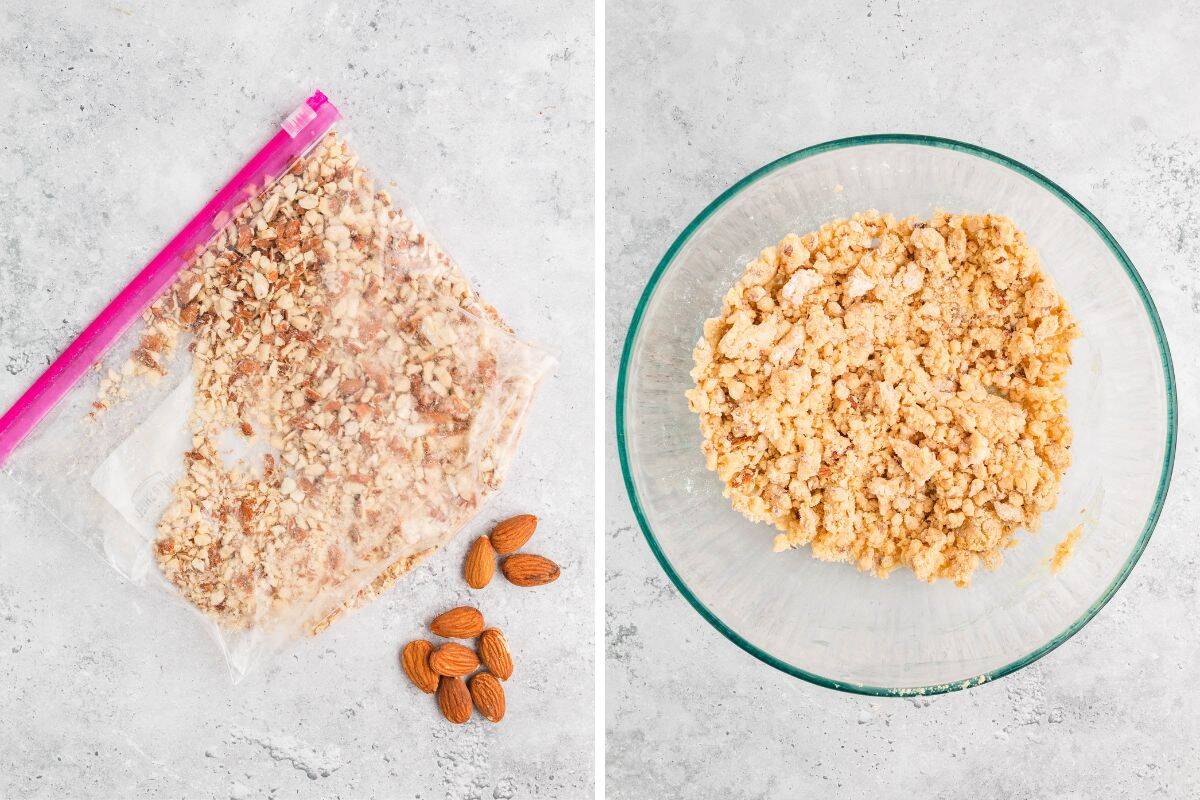 Crushed almonds in a plastic bag and crumbly topping in a glass bowl.