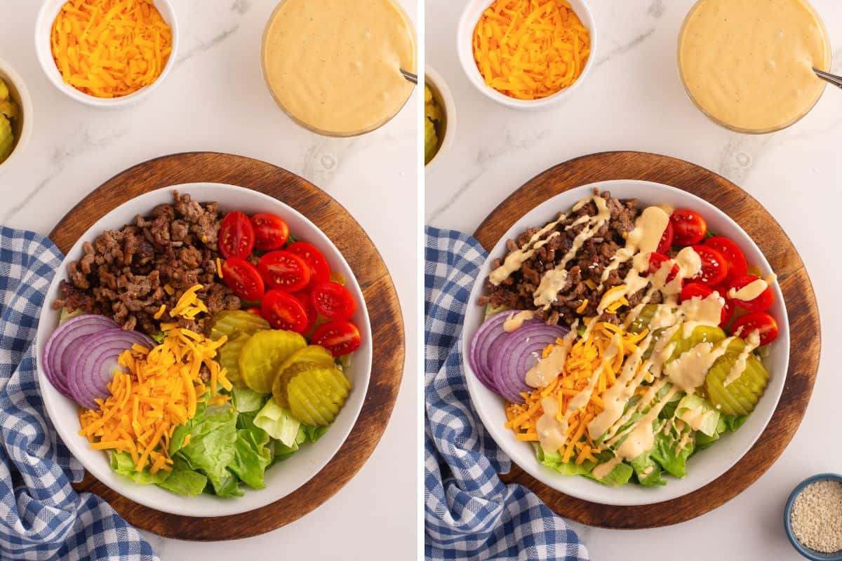 Side-by-side images showing a burger bowl before and after dressing is added. Both bowls contain ground beef, halved cherry tomatoes, sliced dill pickles, shredded cheddar cheese, red onion slices, and chopped lettuce arranged in sections. The left image shows the ingredients undressed; the right image shows the same bowl with creamy dressing drizzled over the top and a sprinkle of sesame seeds.