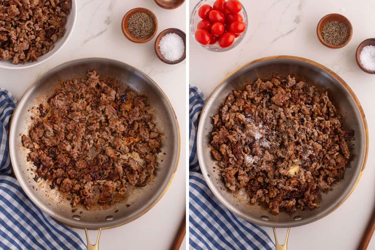 Side-by-side images of ground beef cooking in a pan, seasoned with salt and pepper.