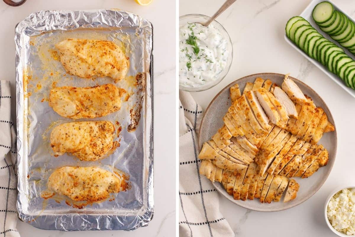 Collage showing baked and sliced seasoned chicken breasts for gyro bowls. 
