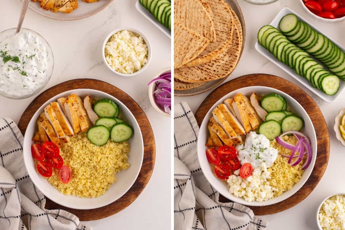 wo side-by-side images of Greek chicken gyro bowls. Both bowls contain sliced grilled chicken, couscous, cherry tomatoes, and cucumber. The right bowl also includes tzatziki sauce, red onion, and feta. Surrounding items include flatbread, sliced cucumbers, tzatziki, red onion, and crumbled feta.