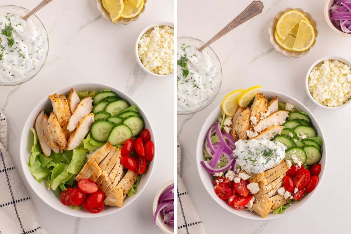 Collage with two images of a Greek chicken salad bowl. The left image shows the base ingredients: romaine lettuce, grilled chicken slices, cucumber slices, and cherry tomatoes. The right image shows the completed bowl with added toppings including red onion, crumbled feta, lemon slices, and a dollop of tzatziki sauce garnished with dill.