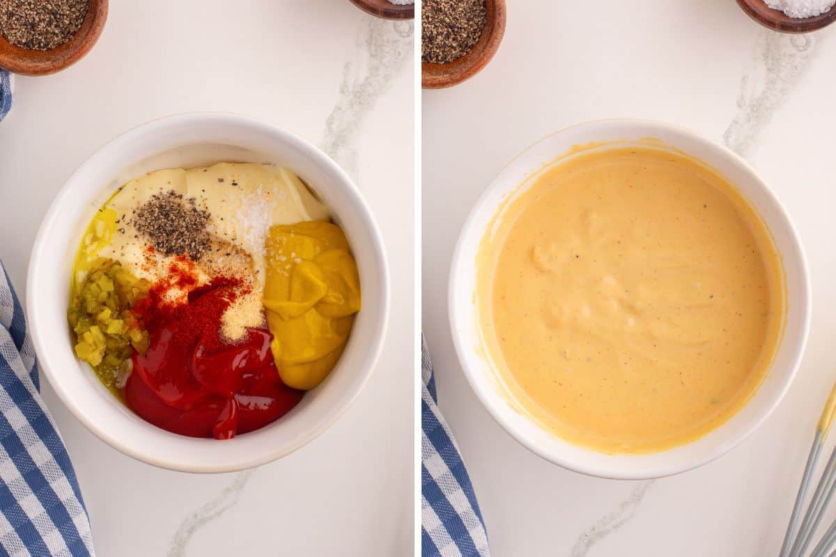 Split image showing the preparation of burger bowl sauce. Left side shows unmixed ingredients in a bowl: mayonnaise, ketchup, mustard, relish, paprika, garlic seasoning, salt, and pepper. Right side shows the same ingredients blended into a creamy orange dressing.