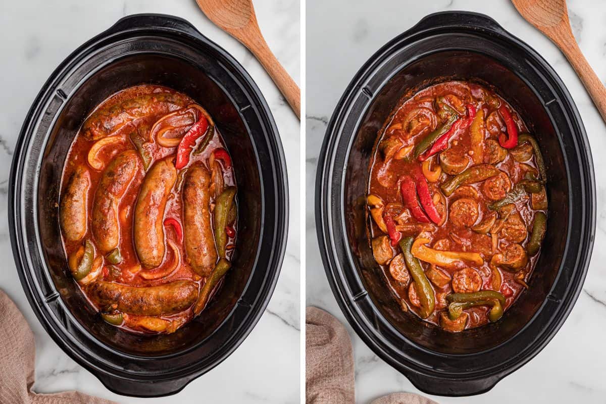 Two side-by-side images showing sausage and peppers in a slow cooker before and after slicing.