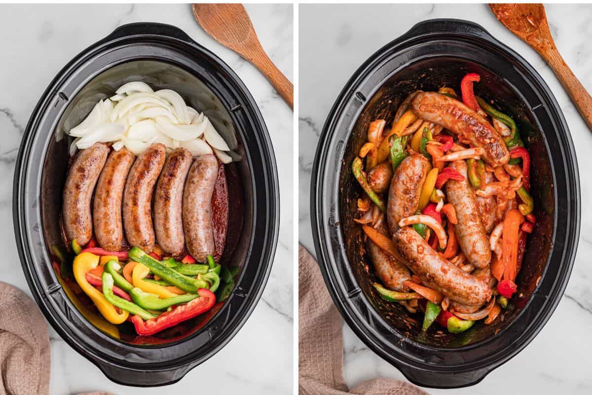 Left image shows a slow cooker with browned sausages, sliced onions, and multicolored bell peppers layered over marinara sauce. Right image shows the same contents after being stirred, with vegetables and sausages coated in sauce.