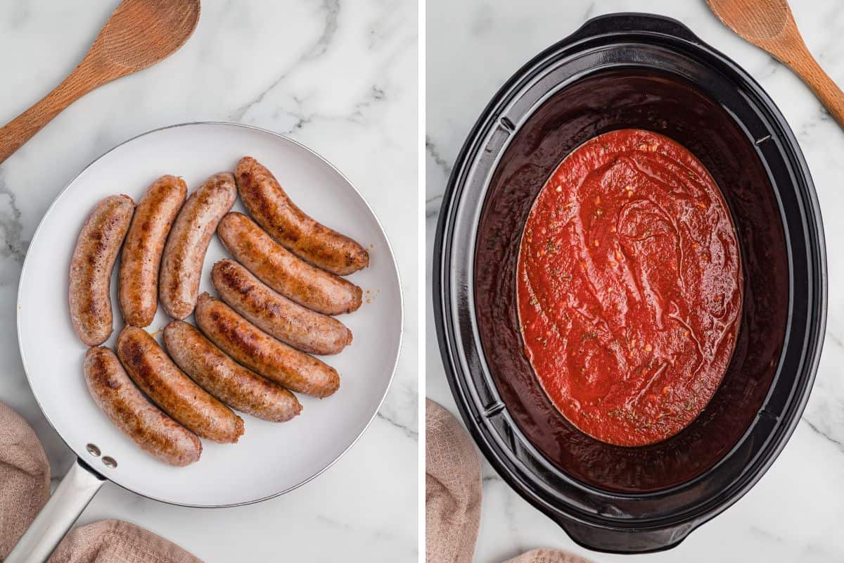 Side-by-side images of browned sausages in a pan and marinara sauce in a slow cooker.