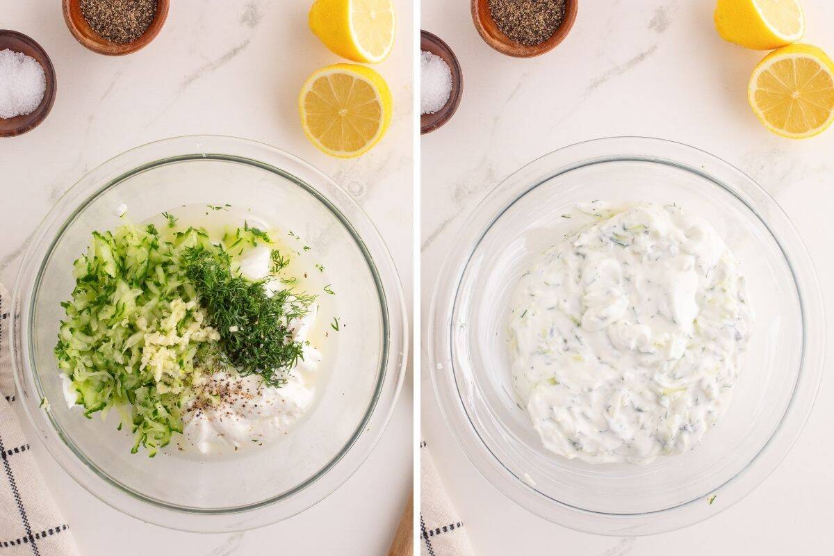 Two ingredient collage showing tzatziki ingredients before and after mixing.