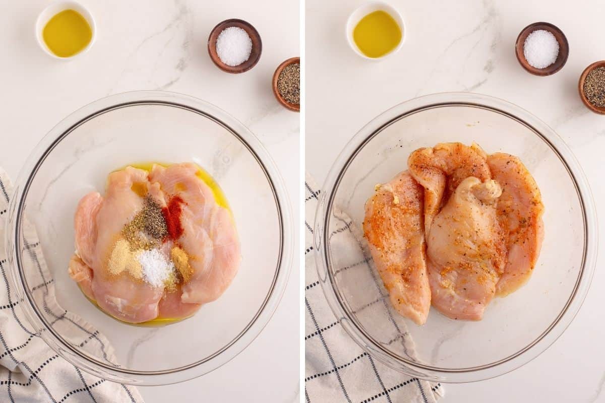 Collage with two images. The left image shows raw chicken breasts in a glass bowl topped with olive oil and spices including paprika, garlic powder, and salt. The right image shows the same chicken coated in the mixed marinade.