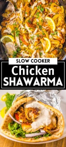 Collage pin showing shredded shawarma in a crockpot and a stuffed wrap. Text reads "Slow Cooker Chicken Shawarma."