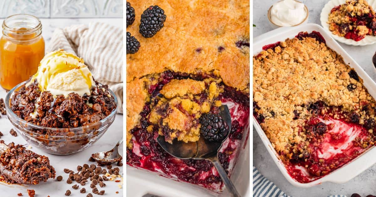 Three easy desserts including chocolate dump cake, blackberry dump cake, and cherry cobbler.