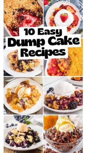 ollage pin showing multiple dump cake desserts such as blackberry with ice cream, blueberry dump cake, strawberry dump cake with whipped cream and strawberry topping, apple dump cake with caramel sauce, and chocolate dump cake with ice cream. Text reads &ldquo;10 Easy Dump Cake Recipes.&rdquo;