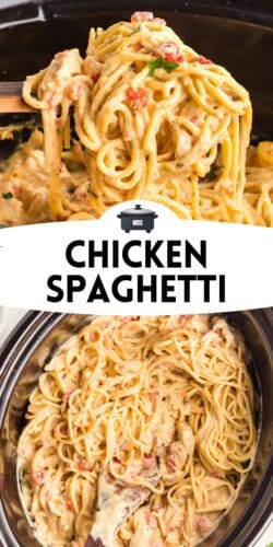 Collage pin showing creamy chicken spaghetti being lifted from a slow cooker and served on a plate. Large centered text reads “CHICKEN SPAGHETTI,” with a small crockpot icon above.