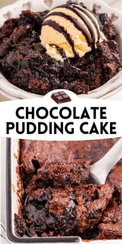 Chocolate pudding cake topped with vanilla ice cream and chocolate drizzle above a white banner with a small chocolate bar icon and the text &ldquo;Chocolate Pudding Cake,&rdquo; and below it a close-up of the cake in a baking dish with a spoon lifting a portion.