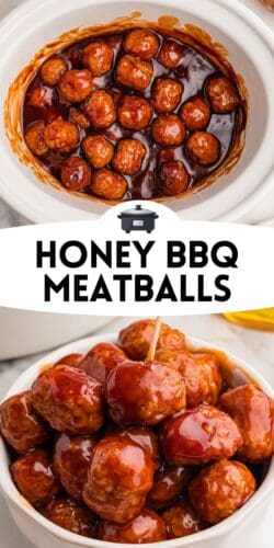 Collage pin with two images: the top shows meatballs in a thick sauce inside a white slow cooker; the bottom shows a close-up of glossy meatballs stacked in a white bowl. In between the images is a banner with an icon of a slow cooker and bold black text reading "Honey BBQ Meatballs."