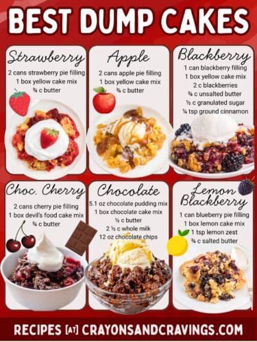 Six dump cake recipes with ingredients. Text reads &ldquo;Best Dump Cakes.&rdquo;