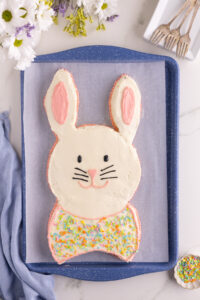 Overhead view of an Easter bunny cake frosted in white with pink ear details and piped facial features.