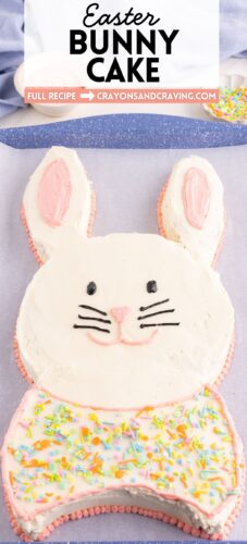 Bunny shaped cake with text “Easter Bunny Cake.”