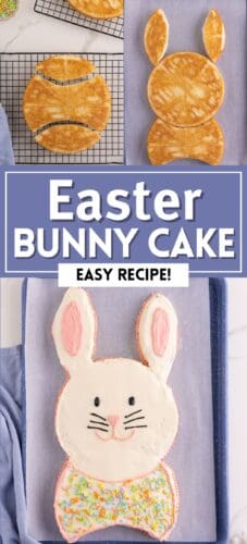 Collage pin with step-by-step images of round cakes cut and arranged into an Easter bunny shape beside the finished frosted bunny cake. Large text reads “Easter Bunny Cake” and “Easy Recipe!”