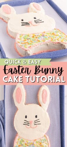 Collage pin featuring a frosted bunny-shaped cake with pink ear details, pastel sprinkles, and a bow tie. Text overlays read “Quick & Easy Easter Bunny Cake Tutorial.”