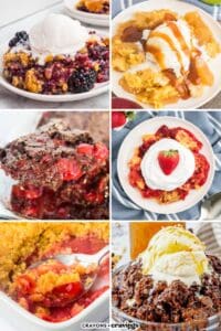 Six dump cake desserts with fruit and chocolate varieties, many topped with vanilla ice cream.