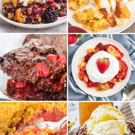 Six dump cake desserts with fruit and chocolate varieties, many topped with vanilla ice cream.