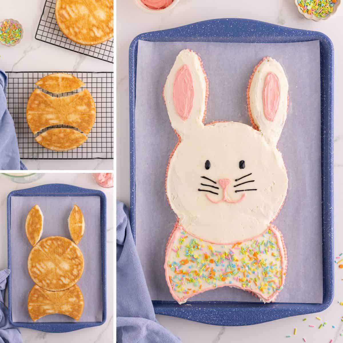 Collage with multiple images showing 2 baked round white cakes cut and arranged into a bunny shape, followed by the fully decorated bunny cake with white frosting, pink ear centers, piped facial features, and pastel sprinkles.