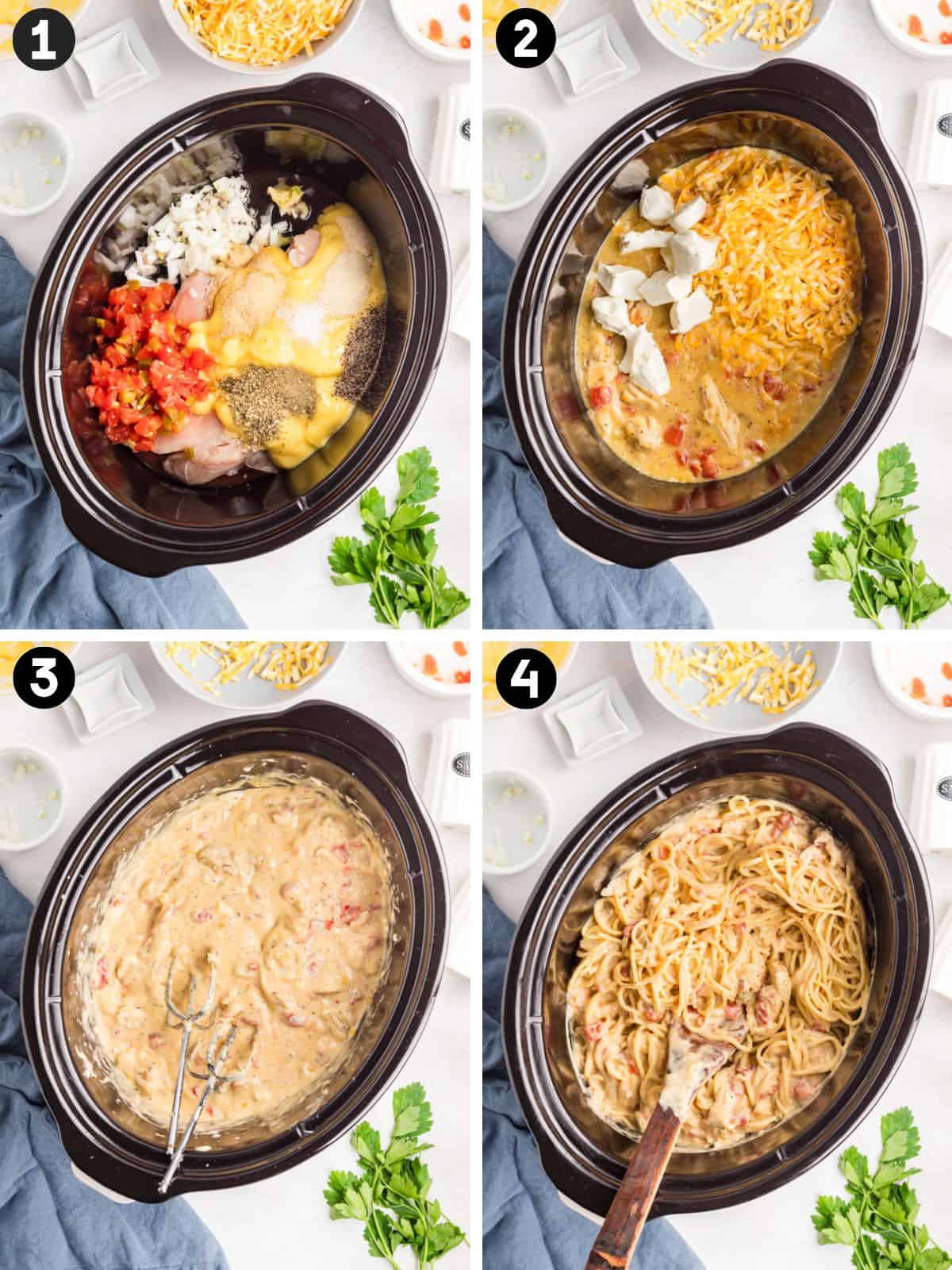 Four-image collage labeled showing raw chicken, diced tomatoes, soup, and seasonings in a slow cooker; cream cheese and shredded cheese added; mixture blended; and cooked spaghetti stirred into the creamy chicken mixture.
